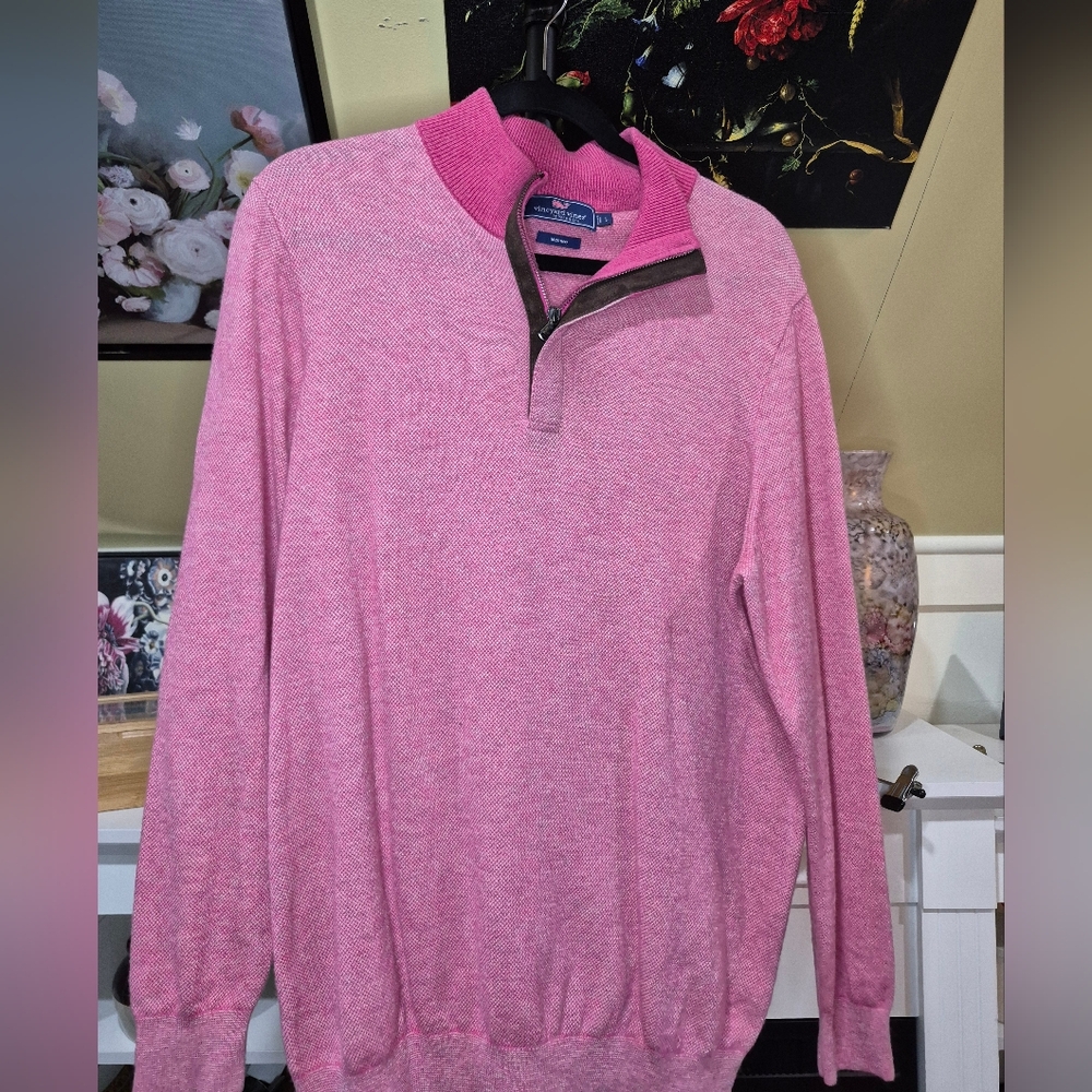 Vineyard Vines Heathered Pink Merino Wool Zip-Up Sweater 933/1515